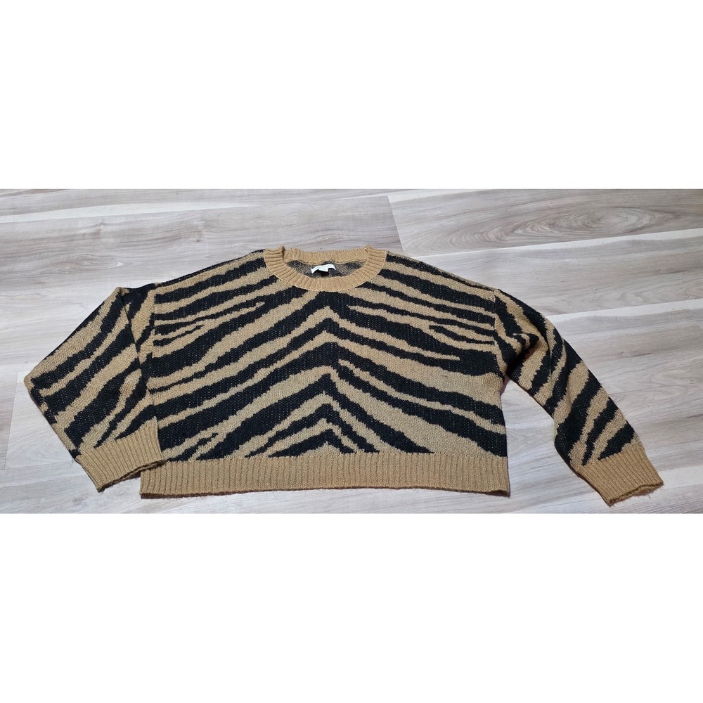 American Eagle Zebra Sweater Animal Print Cropped Knit Pullover Medium Tan Black